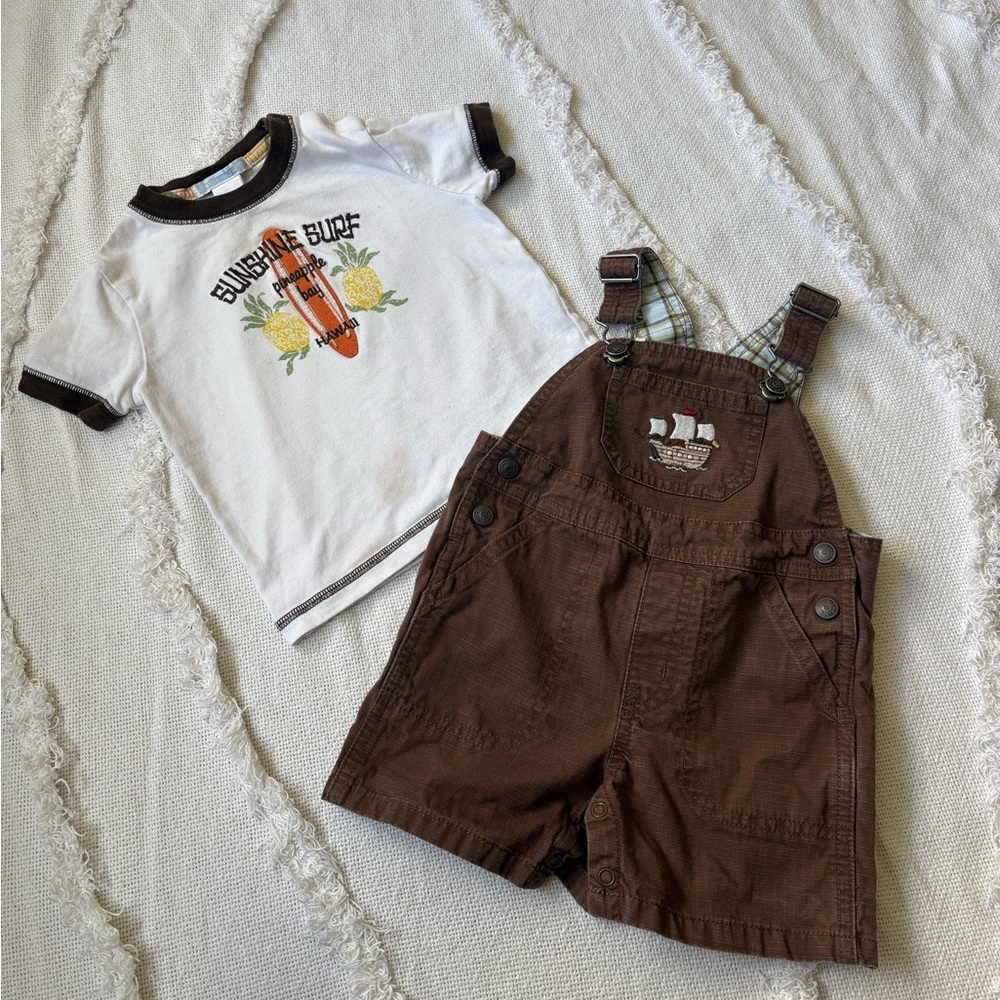 Janie and Jack Brown Overalls and White Graphic Tee